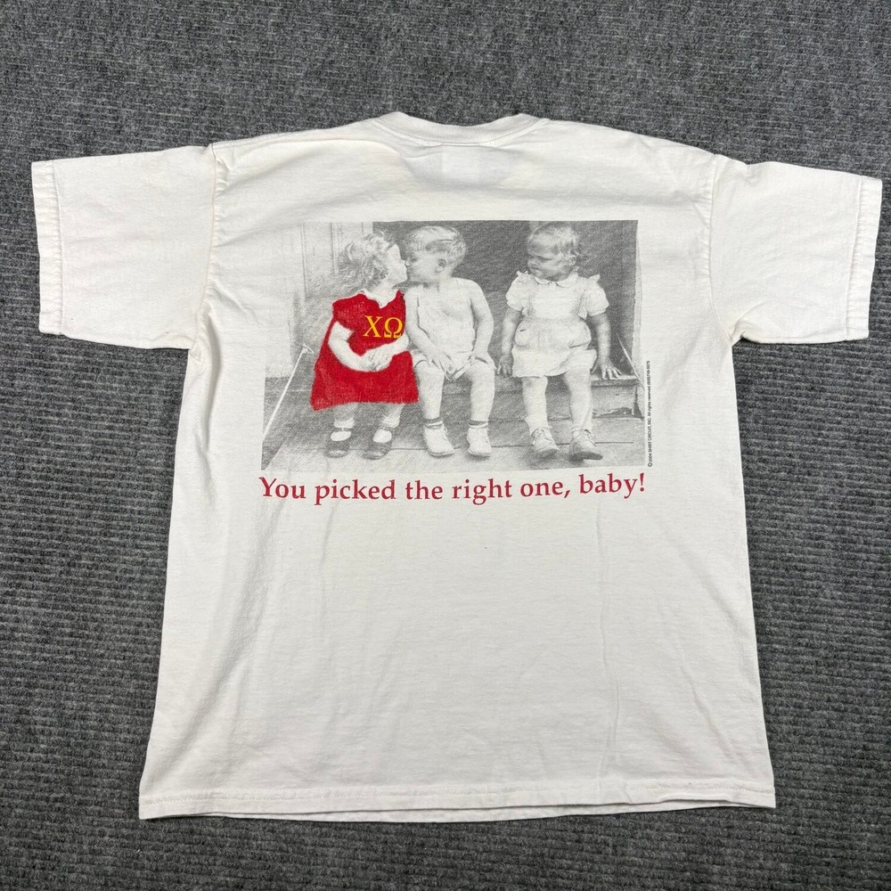 Vtg Gildan Chi Omega T-Shirt Youth L White Good 2004 Y2K Graphic Tee Baggy